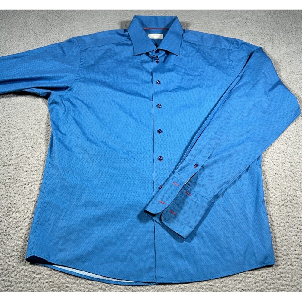 Eton Dress Shirt Men 17 3\4‎ 45 Blue Barrel Cuff Oxford Formal Wear Long Sleeve